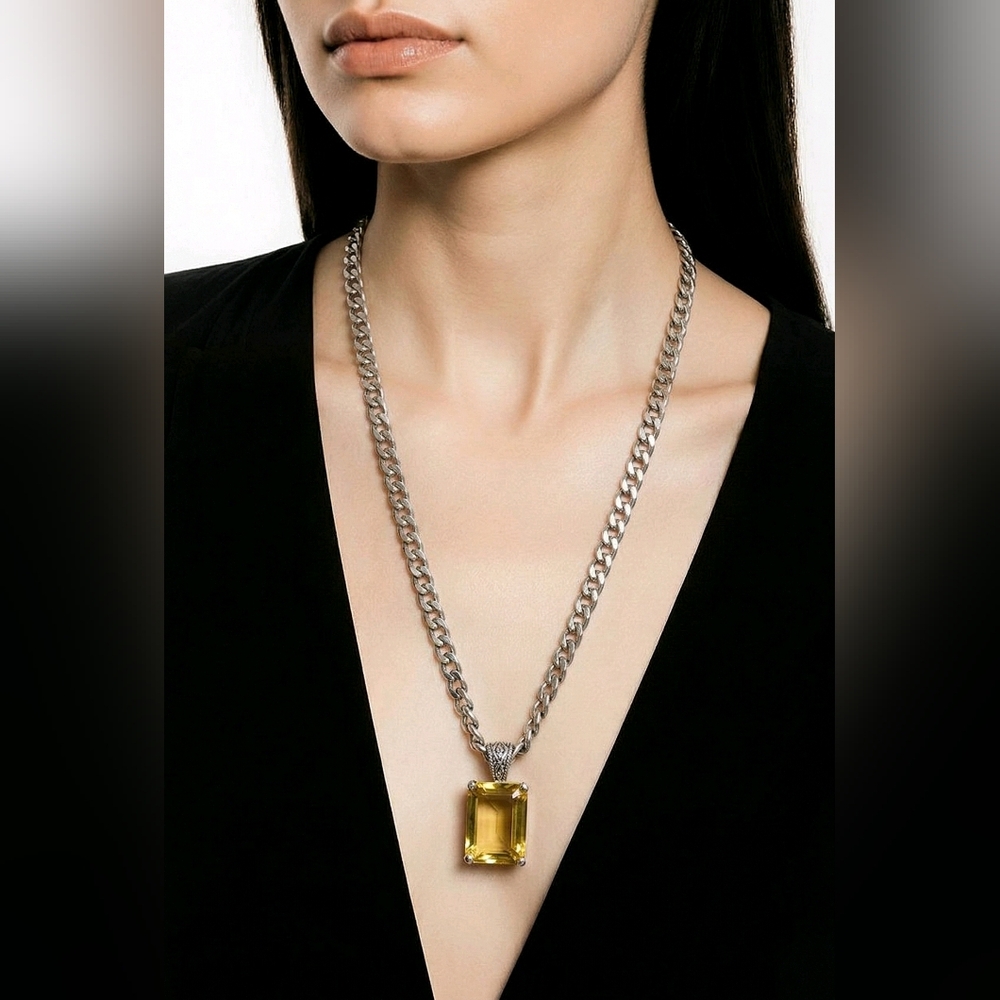 Vintage‎ Natural Lemon Quartz Pendant 24" Chain